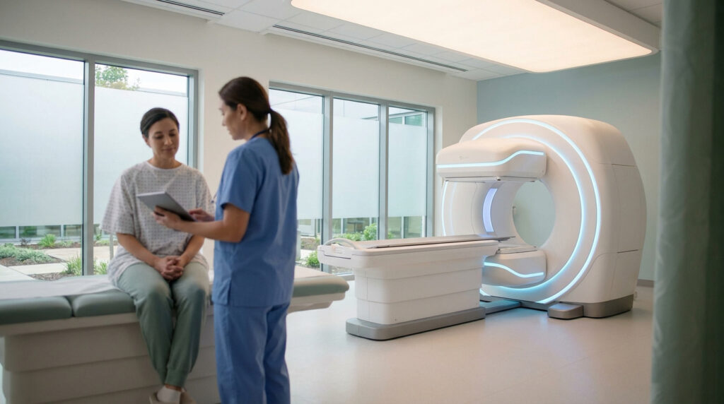 Une infirmière explique l'examen de scintigraphie osseuse à une patiente assise, à côté d'un équipement médical moderne.