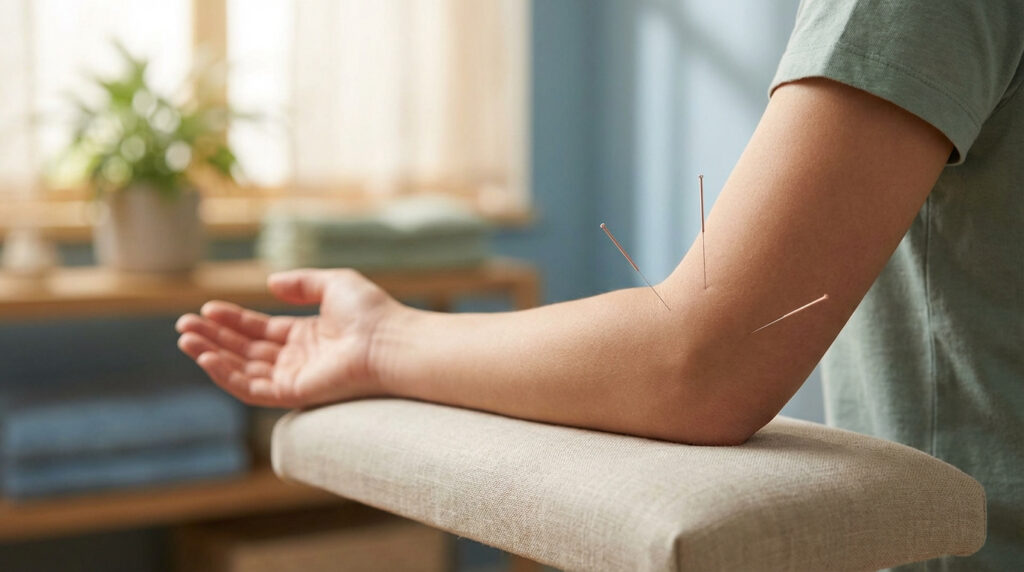 Gros plan sur un bras recevant des aiguilles d'acupuncture près du coude, reposant sur un coussin beige.