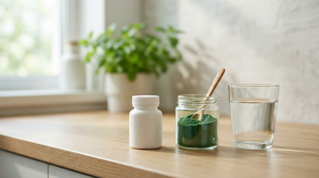 Bouteille de supplément blanc, poudre de spiruline verte dans un pot avec cuillère, et verre d'eau sur comptoir en bois.