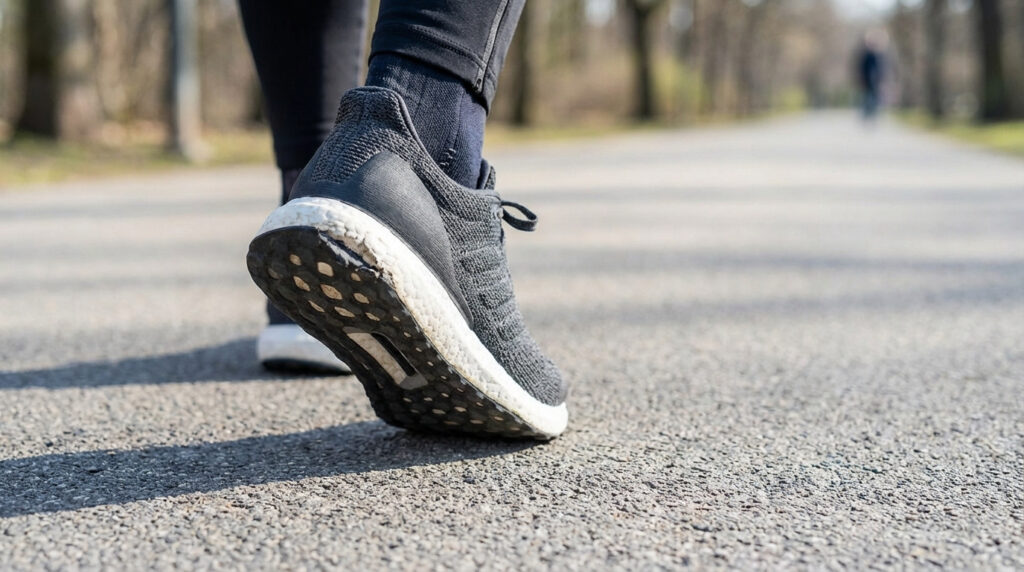 Gros plan sur l'arrière d'une chaussure de running noire et blanche montrant une usure prononcée du talon externe sur un chemin.