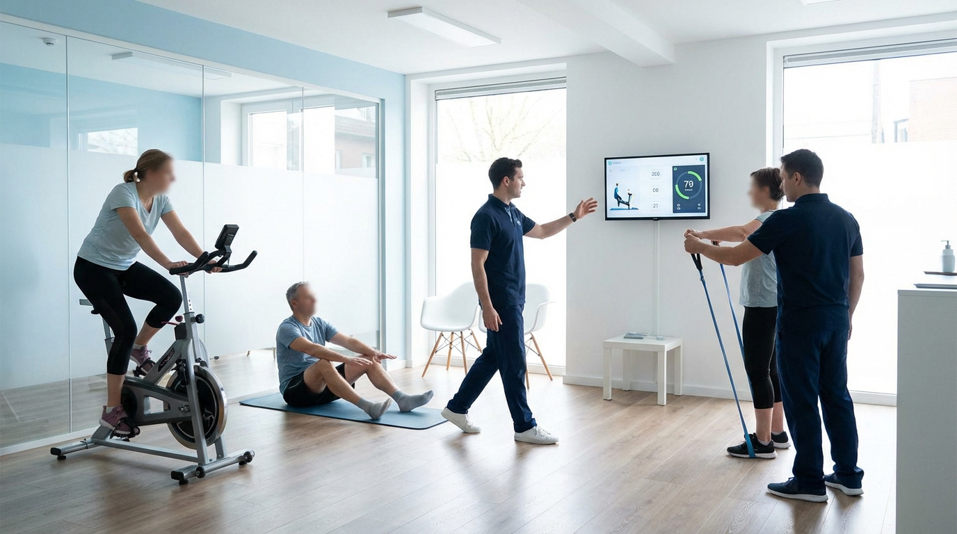 Deux kinésithérapeutes encadrent trois patients dans un cabinet moderne. Une femme fait du vélo, un homme des étirements, et une femme des exercices d'élastiques.