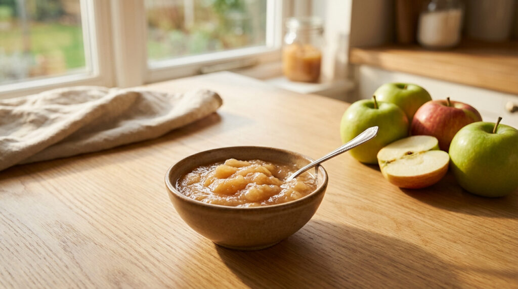 Bol de compote de pommes avec cuillère, entouré de pommes entières et coupées sur une table en bois près d'une fenêtre ensoleillée.