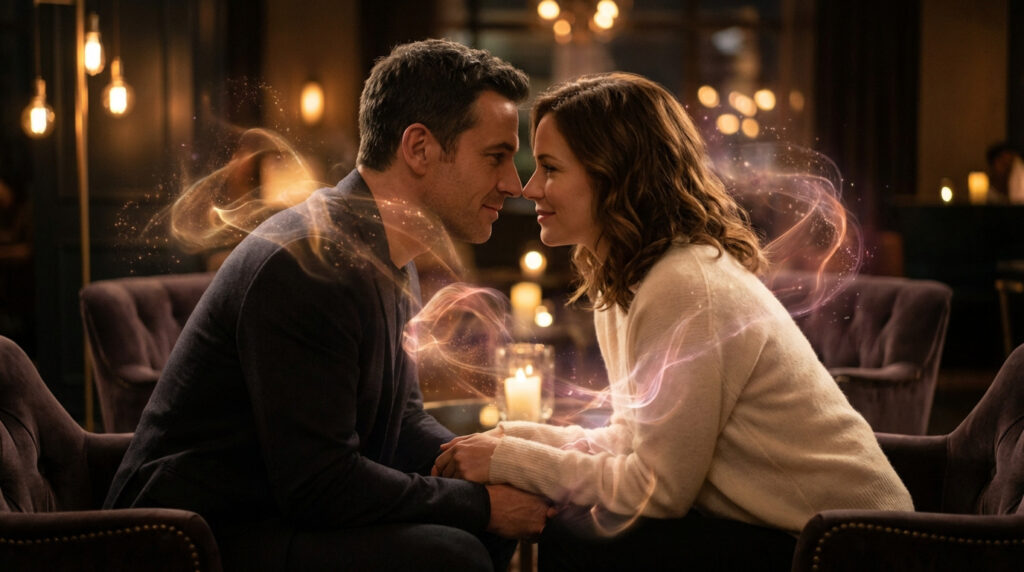 Un homme et une femme se regardent profondément, mains jointes, entourés d'une aura lumineuse et tourbillonnante. Ambiance intime.