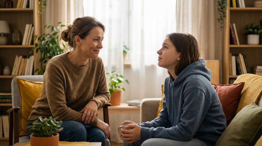 Une femme adulte sourit à une adolescente en discussion dans un salon chaleureux, symbolisant l'écoute et le soutien.