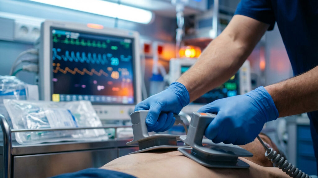 Un professionnel de santé utilise des palettes de défibrillateur sur un patient, avec un moniteur cardiaque en arrière-plan.