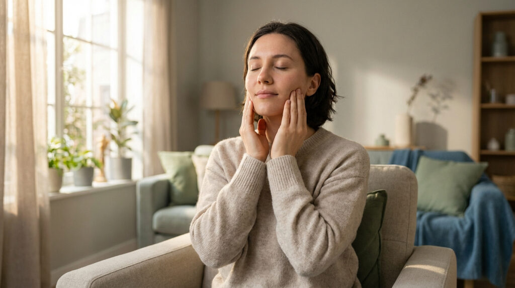 Femme massant sa mâchoire avec les yeux fermés dans un salon lumineux, pratiquant un exercice de relaxation pour le bruxisme.