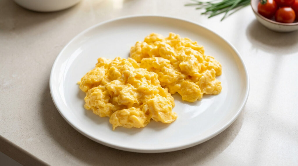 Plat d'œufs brouillés moelleux et dorés sur assiette blanche. Arrière-plan flou avec tomates cerises et ciboulette fraîche.