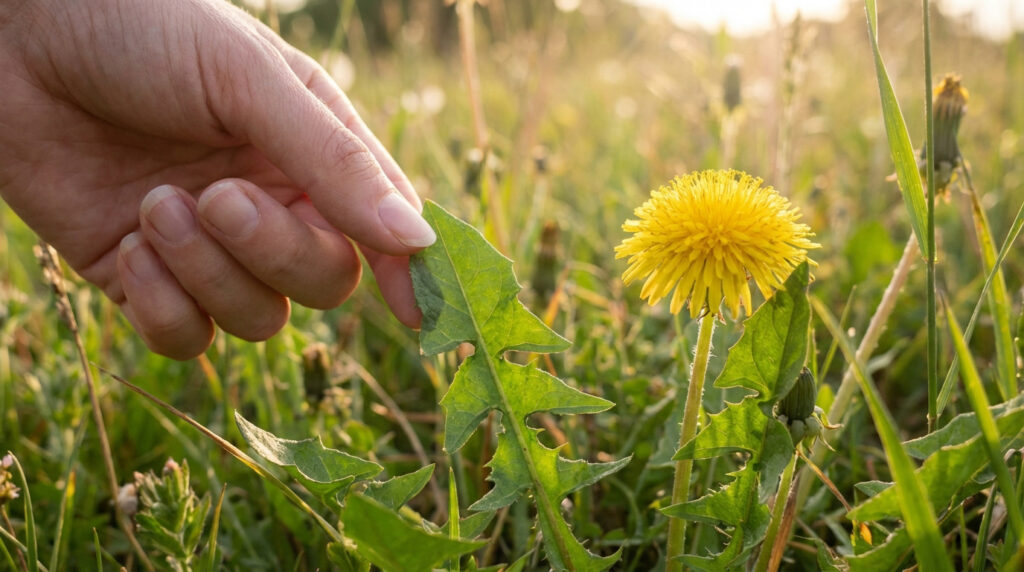 Une main tient une feuille dentelée de pissenlit à côté d'une fleur jaune éclatante, dans un champ ensoleillé.