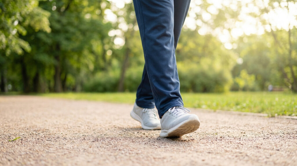 Jambes d'une personne en pantalon bleu et baskets claires marchant sur un chemin de gravier dans un parc verdoyant et ensoleillé.