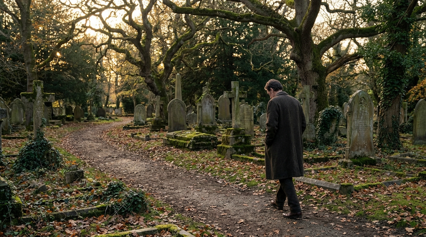 Homme en manteau marchant dans un cimetière ancien, entre des tombes moussues et arbres, lumière douce d'automne.