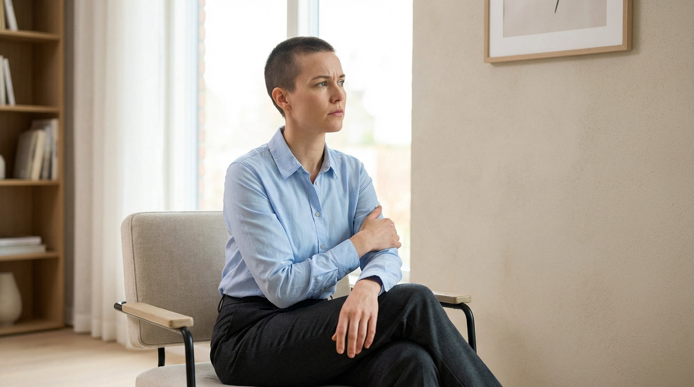 Femme aux cheveux courts, expression pensive, assise dans un fauteuil, touchant son bras gauche.