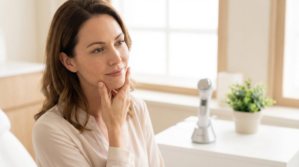 Femme pensive, la main sur le menton, regardant un appareil de soin par radiofréquence. Lumière naturelle par la fenêtre.