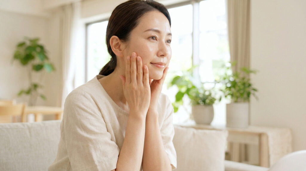 Femme souriante d'âge moyen massant délicatement ses joues pour un teint ferme, dans un intérieur lumineux et apaisant.