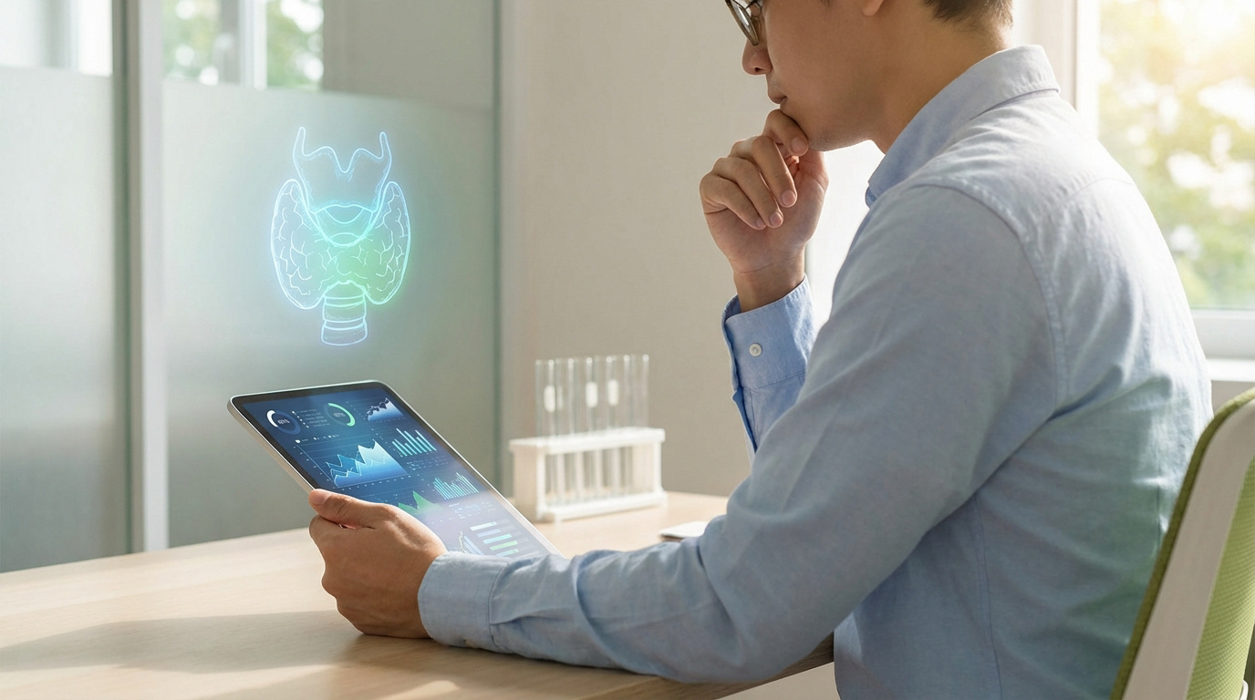 Un professionnel de la santé analyse des données thyroïdiennes sur une tablette, avec une image holographique de la glande.