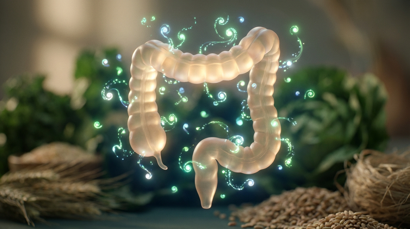 Illustration 3D d'un côlon humain translucide, entouré de particules lumineuses vertes et bleues, avec des légumes et céréales en arrière-plan.