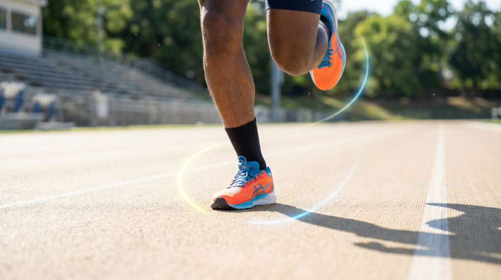 Gros plan sur les jambes d'un coureur en mouvement sur une piste. Il porte des chaussures de running orange et bleues, avec des lignes lumineuses autour des pieds.