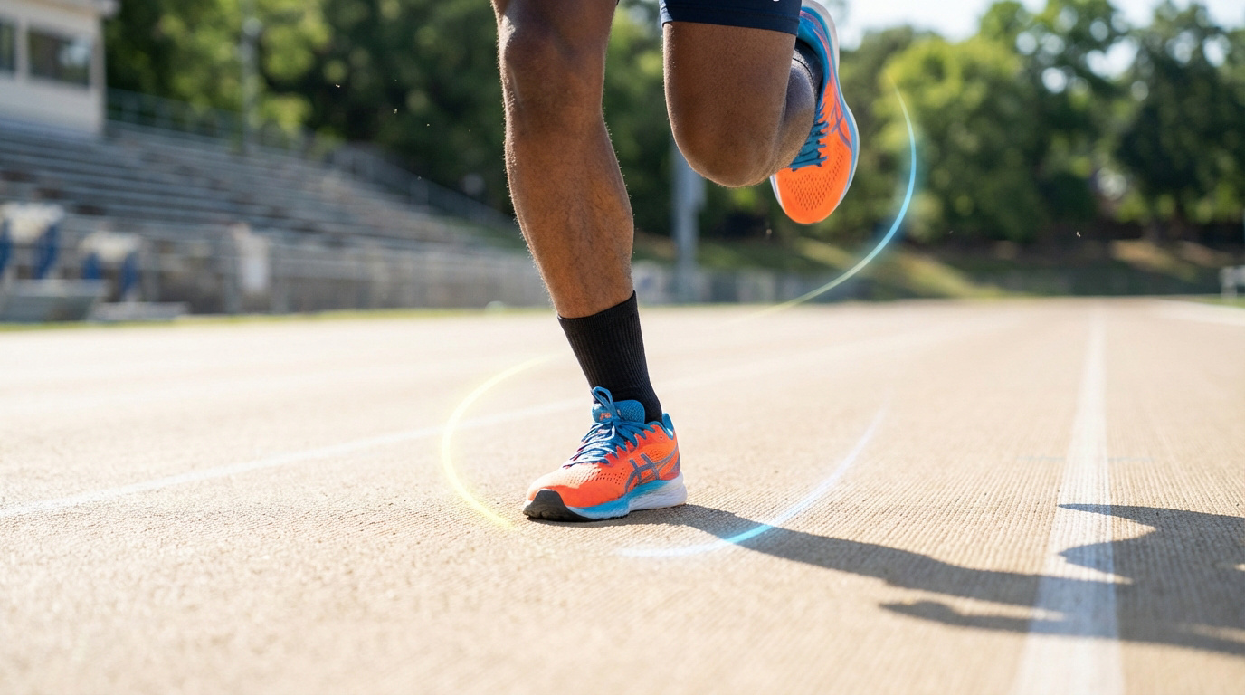 Gros plan sur les jambes d'un coureur en mouvement sur une piste. Il porte des chaussures de running orange et bleues, avec des lignes lumineuses autour des pieds.