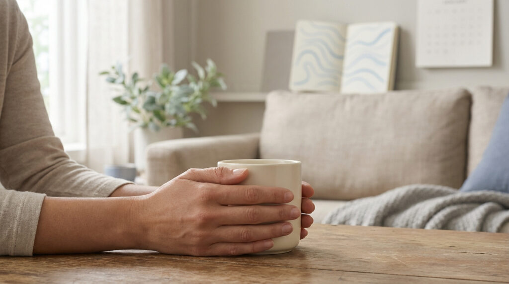 Mains d'une personne tenant une tasse sur une table en bois. Arrière-plan flou d'un salon confortable avec canapé et plantes.