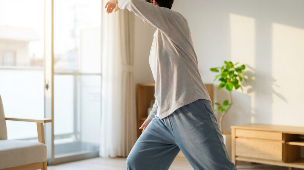 Personne en tenue décontractée faisant des mouvements lents dans un salon lumineux, symbolisant une convalescence active et sereine.