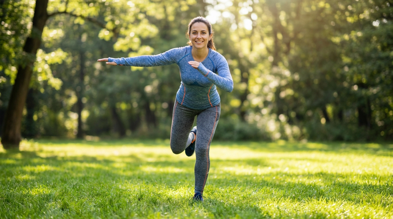 Jeune femme souriante en tenue de sport bleue et grise fait un exercice d'équilibre sur une jambe dans un parc ensoleillé.