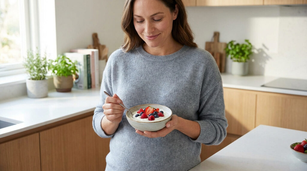 Femme enceinte souriante mangeant un bol de yaourt grec aux fraises, framboises et myrtilles dans une cuisine moderne.