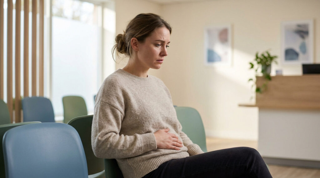 Une femme anxieuse, la main sur le ventre, assise dans une salle d'attente lumineuse, attend des soins médicaux.