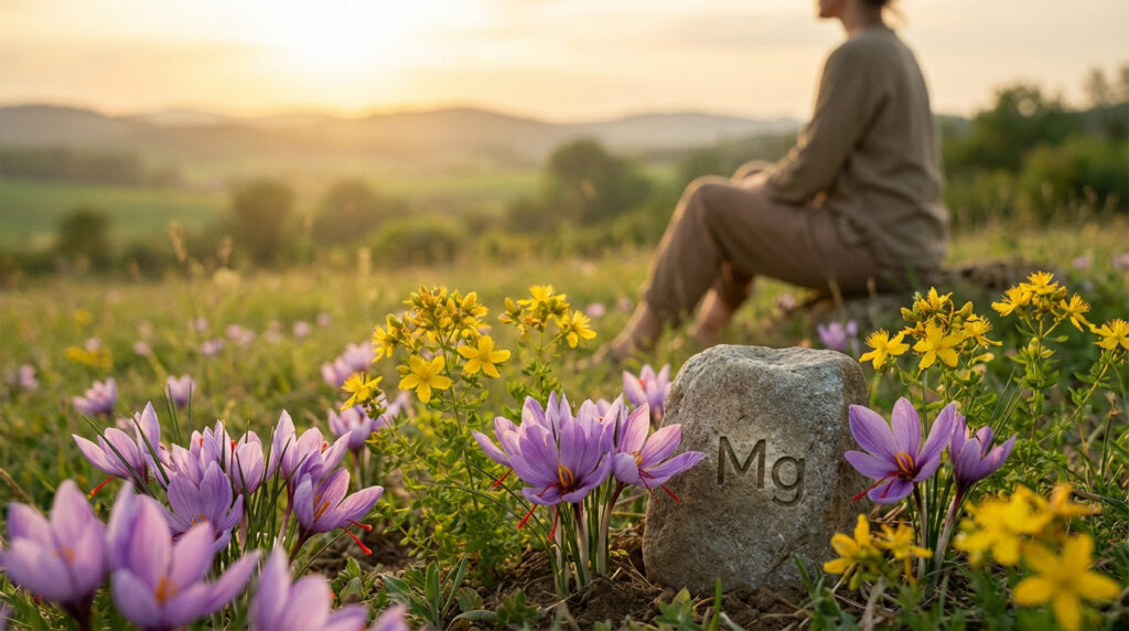 Champ fleuri de safran et millepertuis au coucher du soleil. Une pierre gravée 'Mg' et une personne assise méditant en arrière-plan.