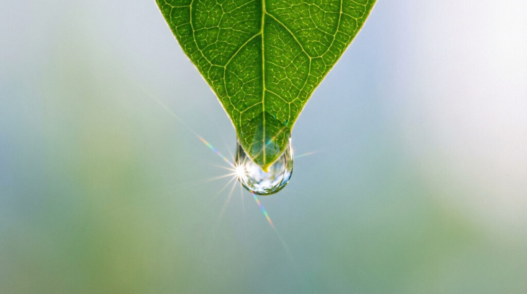 Goutte d'eau brillante suspendue à la pointe d'une feuille verte, ses nervures visibles. Un éclat solaire y est magnifiquement reflété.