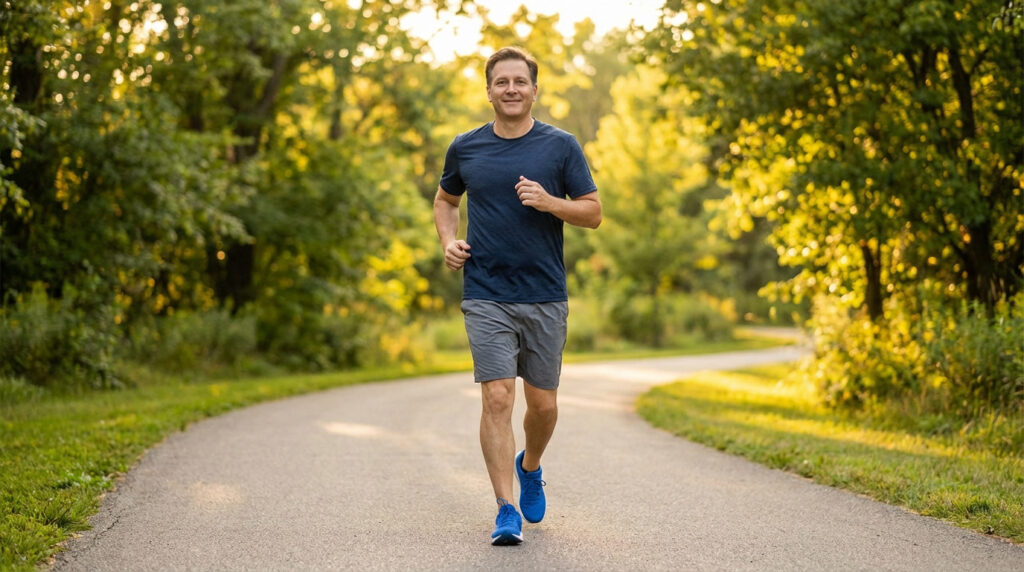 Homme d'âge moyen souriant, courant sur un chemin bordé d'arbres verdoyants au soleil, symbolisant une reprise d'activité.