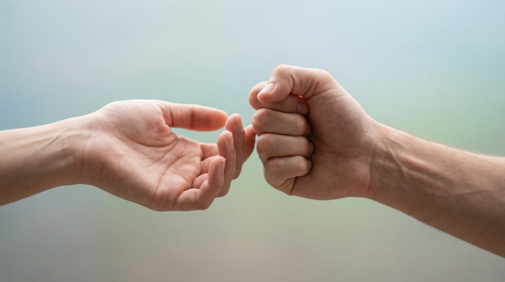 Gros plan sur deux mains: l'une ouverte et détendue, l'autre fermée en poing serré, sur fond flou. Symbolise le contraste du tonus musculaire.