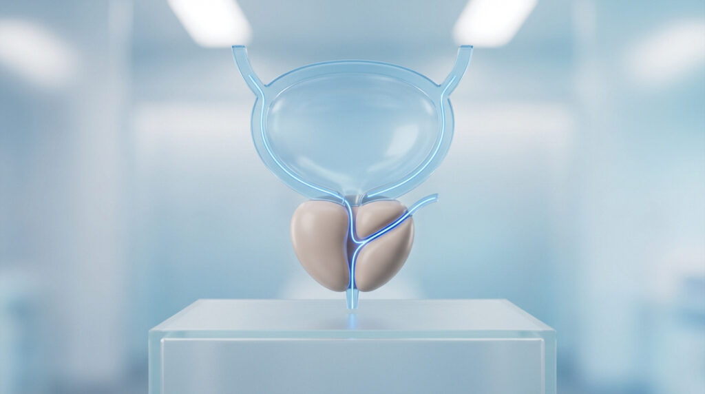 Modèle 3D stylisé de la prostate et de la vessie, avec des conduits lumineux, sur un socle transparent.