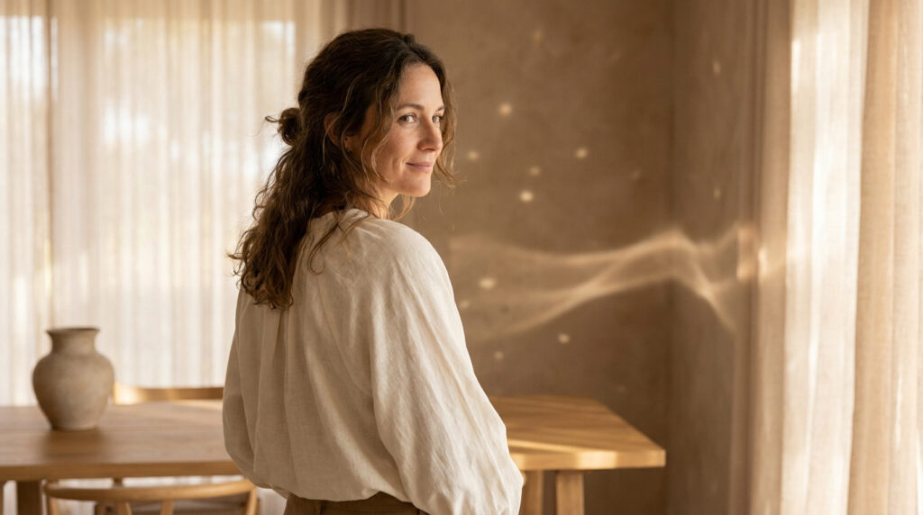 Femme aux cheveux ondulés en blouse de lin beige, regardant par-dessus son épaule avec un sourire serein, baignée de lumière naturelle.