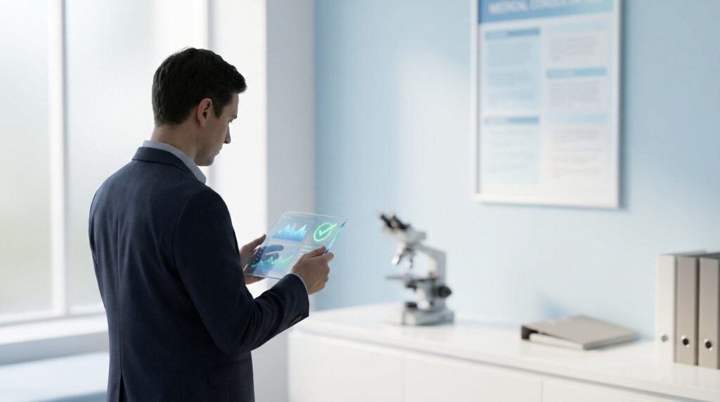 Homme en costume analysant des résultats médicaux sur une tablette transparente avec des graphiques et un coche vert, près d'un microscope.