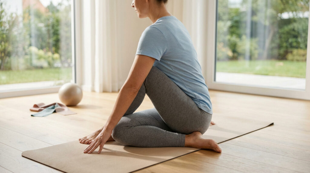 Une femme assise sur un tapis de yoga dans une position douce pour le dos, les jambes pliées et les mains au sol, dans une pièce lumineuse.