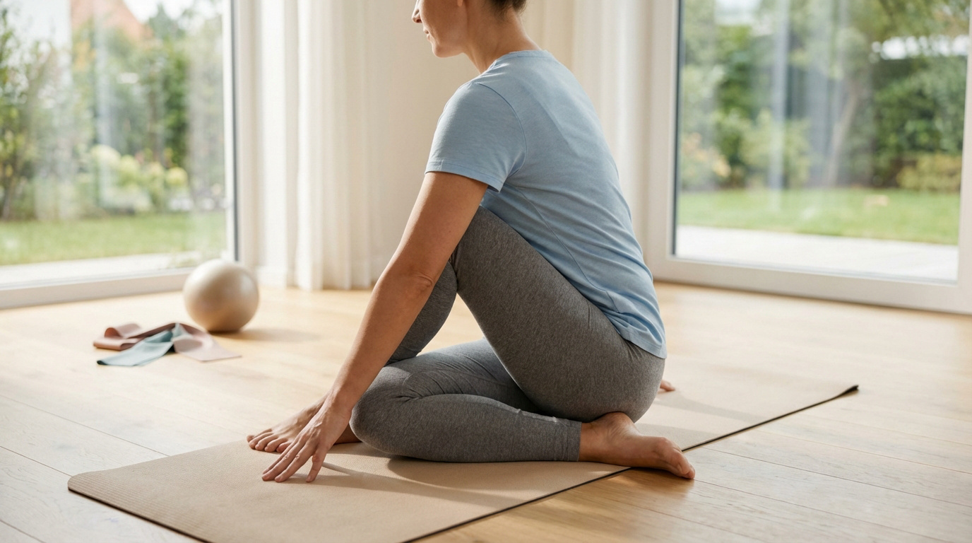 Une femme assise sur un tapis de yoga dans une position douce pour le dos, les jambes pliées et les mains au sol, dans une pièce lumineuse.