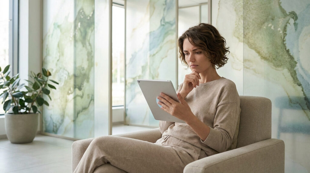 Femme pensive aux cheveux bruns, en tenue décontractée beige, assise dans un fauteuil, regardant attentivement une tablette.