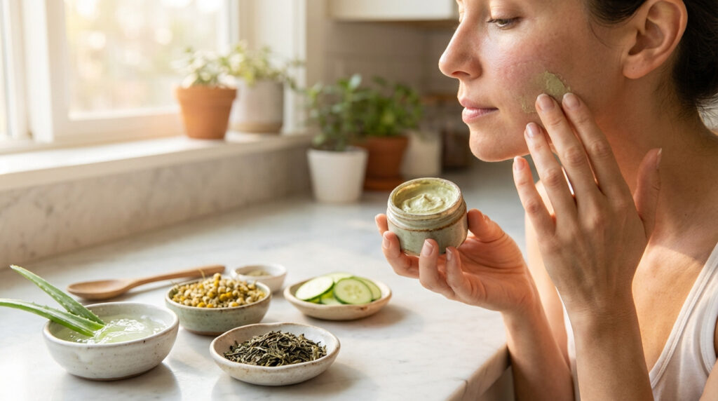 Femme appliquant un masque visage vert, pot à la main. Ingrédients naturels (aloès, camomille, concombre, thé vert) sur le comptoir.