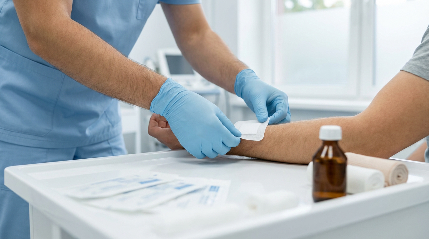 Un professionnel de santé ganté pose un pansement adhésif sur le bras d'un patient, avec du matériel médical sur une table.