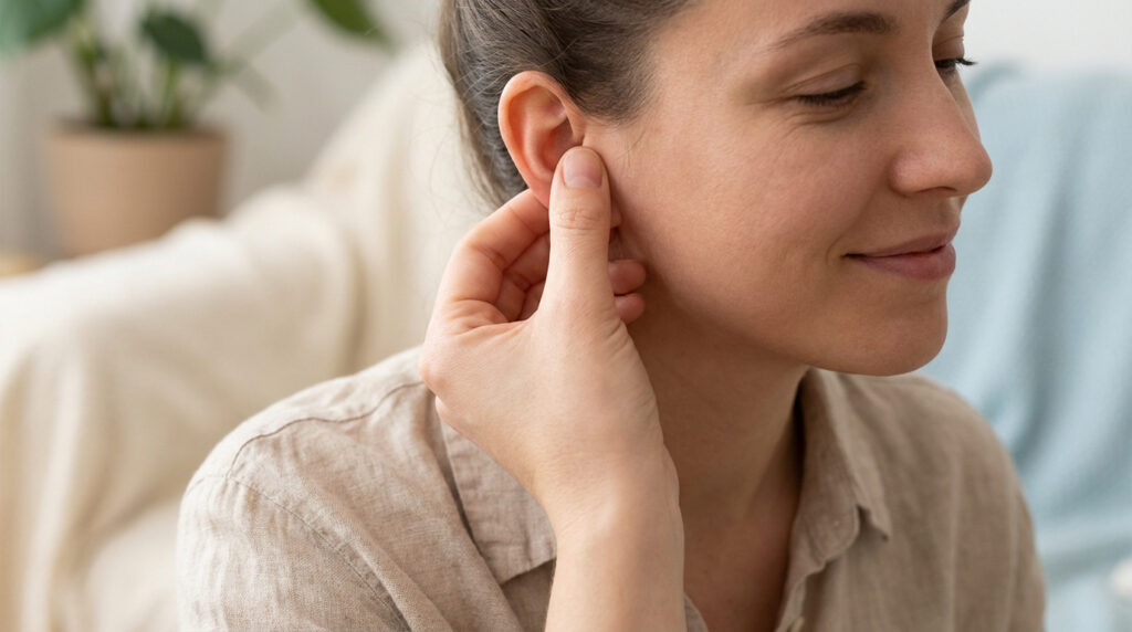 Femme souriante se massant l'oreille pour soulager une sensation de gêne. Ses yeux sont mi-clos, exprimant le confort.