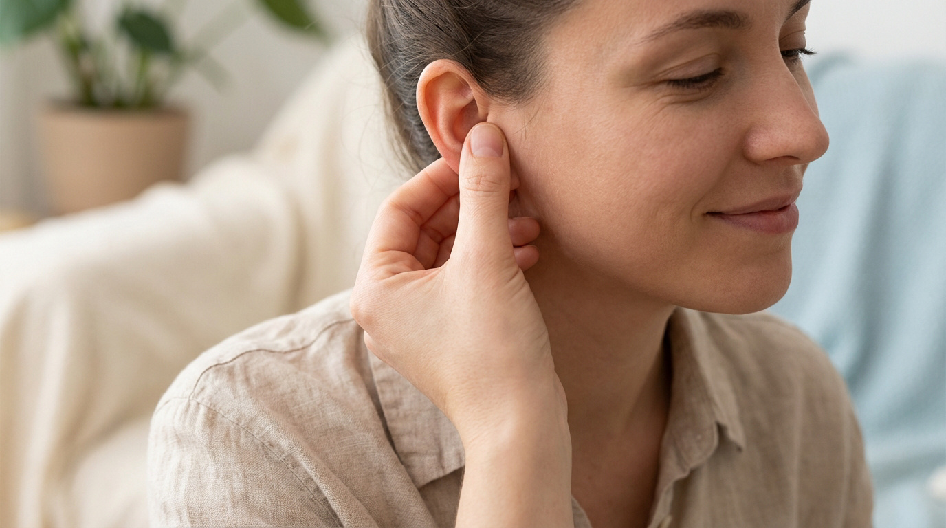 Femme souriante se massant l'oreille pour soulager une sensation de gêne. Ses yeux sont mi-clos, exprimant le confort.