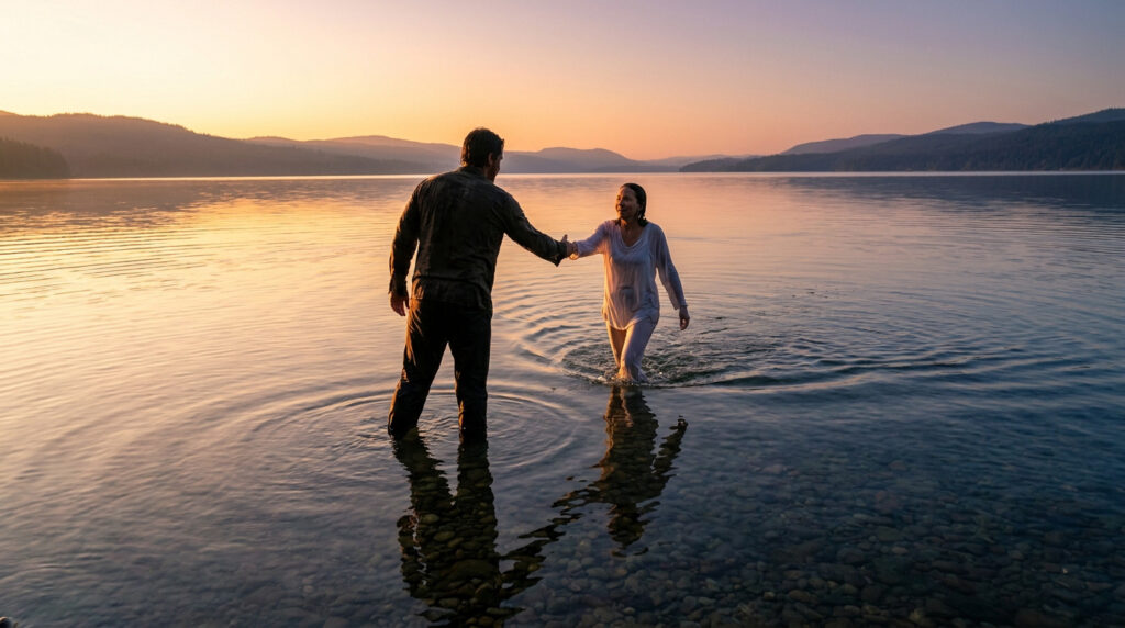Deux personnes se tiennent la main dans les eaux peu profondes d'un lac au coucher du soleil, reflétées sur l'eau, montagnes en arrière-plan.