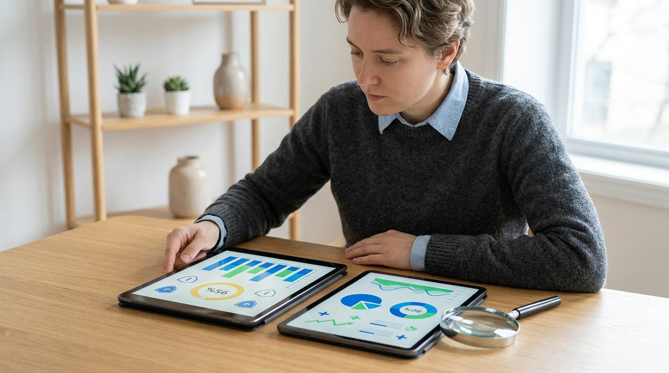 Personne analysant des graphiques de garanties santé sur des tablettes avec une loupe sur une table.