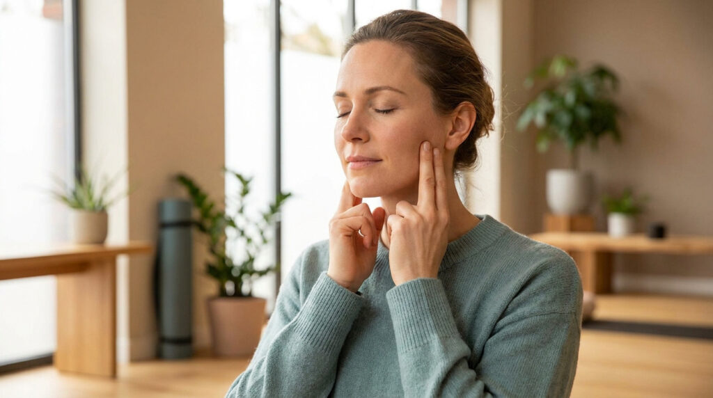 Femme aux yeux fermés massant sa mâchoire. Elle effectue un exercice pour soulager les tensions faciales et les craquements.