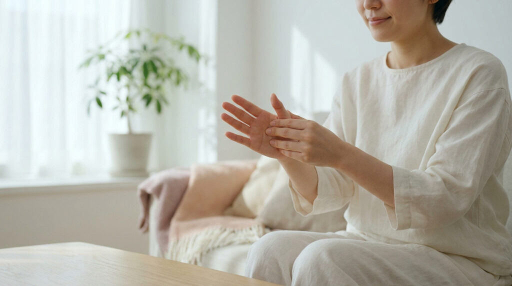 Une femme masse un point d'acupression sur sa paume de main, assise calmement dans un intérieur lumineux et épuré.
