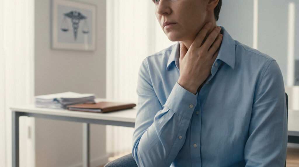 Femme souffrant d'une douleur au cou dans un bureau. Un tableau flou alliant symboles médicaux et juridiques est visible.