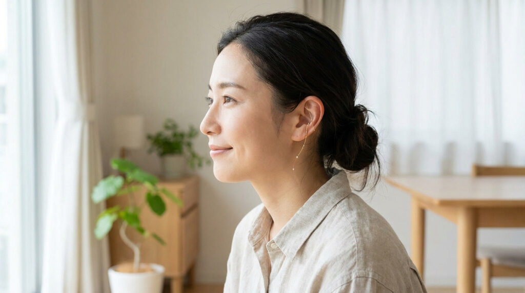 Jeune femme souriante, profil droit, avec un bijou d'oreille discret lié à l'auriculothérapie.