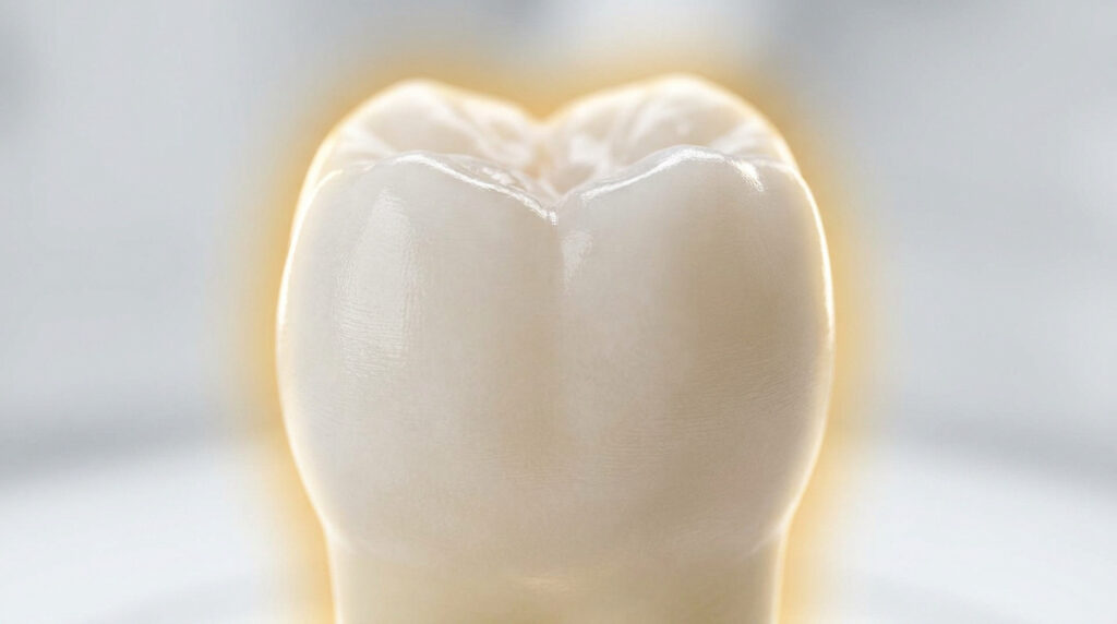 Gros plan sur une dent saine et brillante, avec un halo lumineux doré, représentant la protection d'un pansement dentaire.