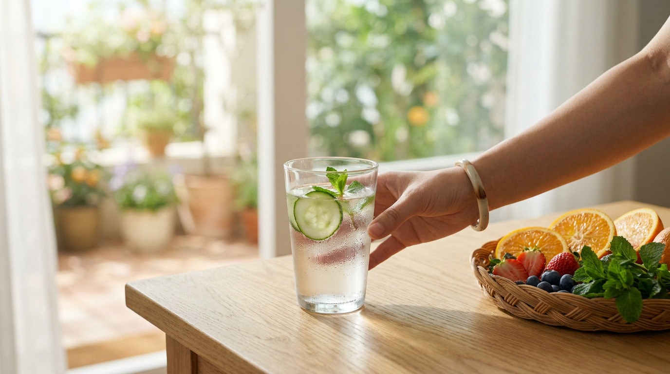 Une main saisit un verre d'eau fraîche infusée au concombre et menthe, à côté d'un panier de fruits variés sur une table en bois.