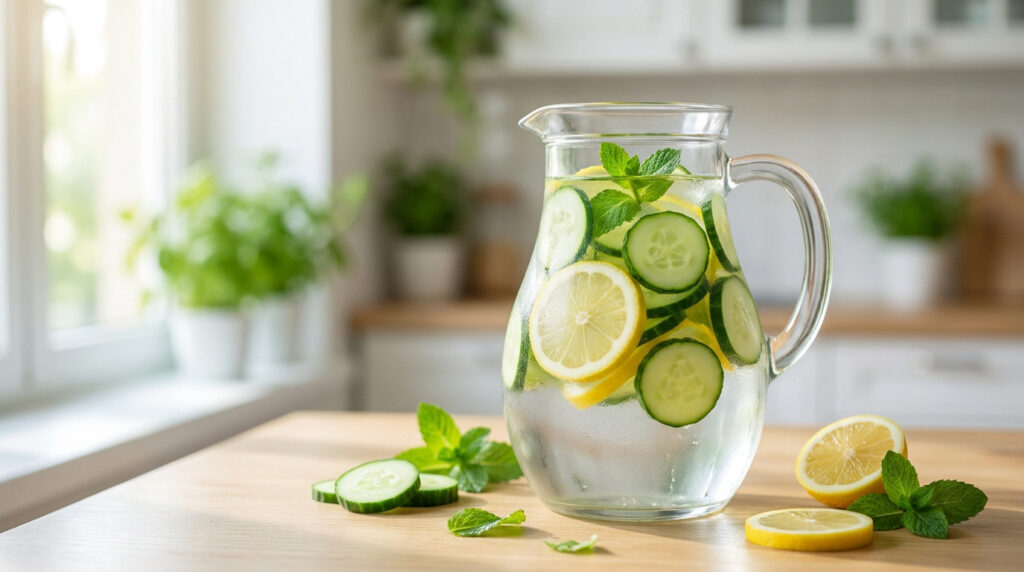 Pichet d'eau concombre, citron et menthe sur une table en bois, avec une cuisine lumineuse en arrière-plan.