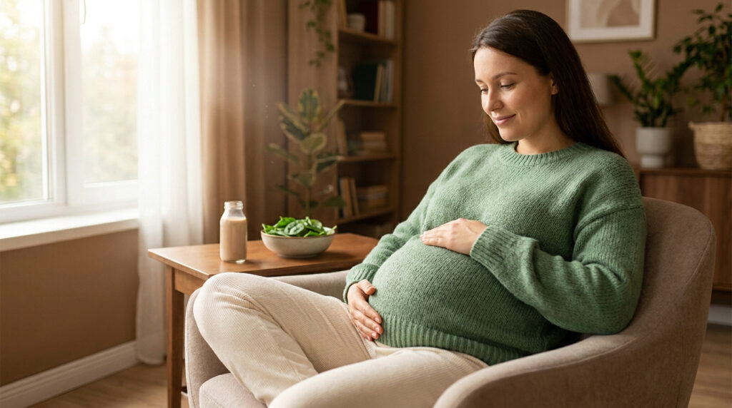 Femme enceinte souriante caressant son ventre, assise dans un fauteuil avec smoothie et légumes.